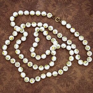 Rare Vintage White Lucite Necklace With Botanical Decals Extra Long 44 Inches